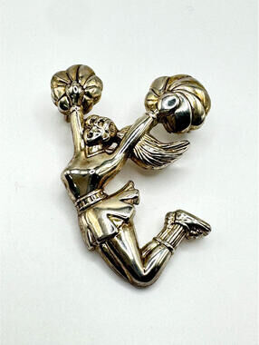 Vintage Cheerleader Figural Brooch Pendant Pom Pom Silver Tone Pin
